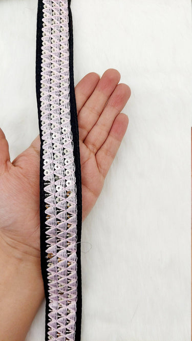 Black Cotton Fabric Lace Trim with Pink Thread and Gold Sequins Embroidery, Decorative Trim, Bohemian Trim